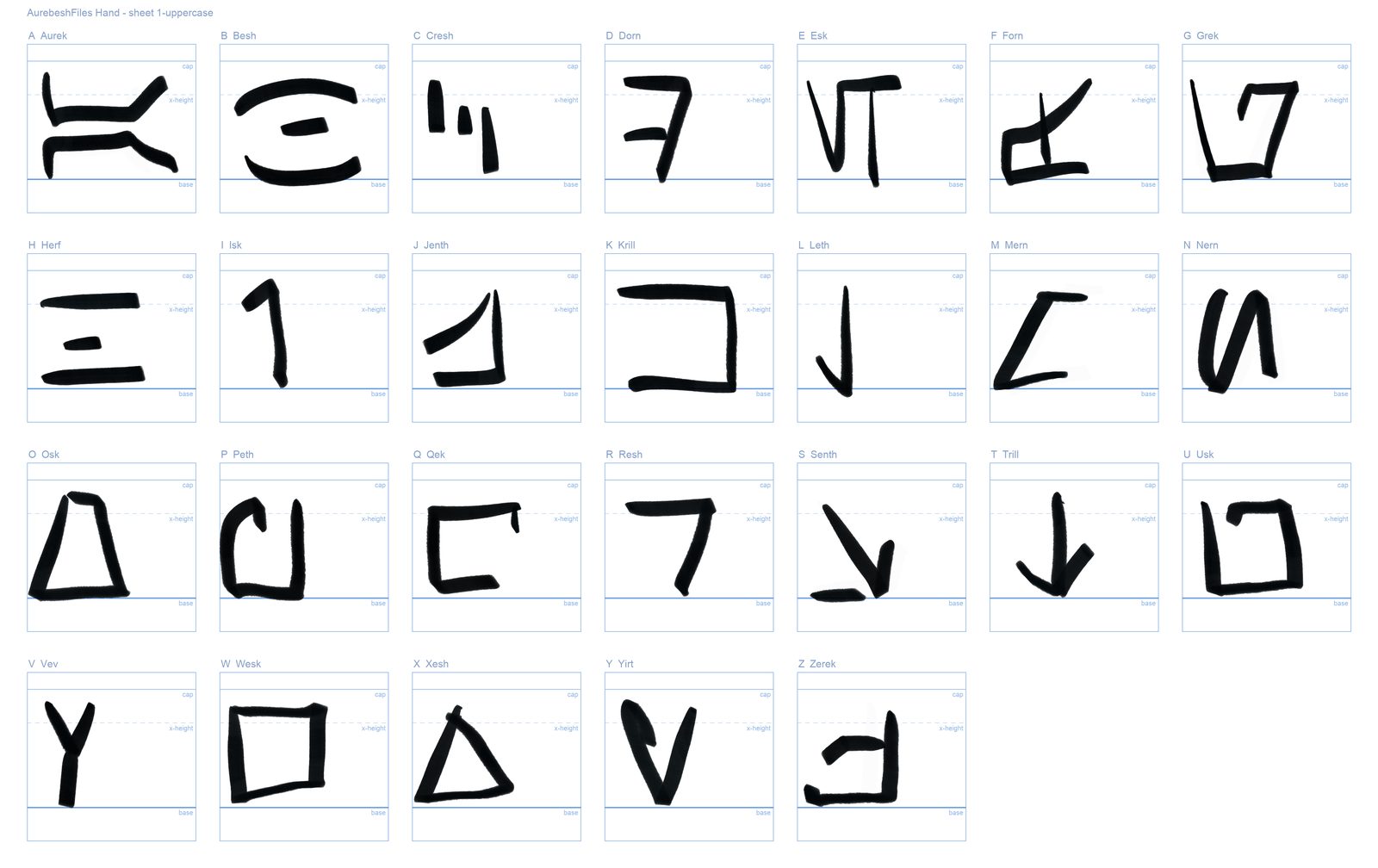 A filled-in uppercase template sheet: 26 hand-drawn Aurebesh letters in thick black marker, each sitting on the blue base line of its box.