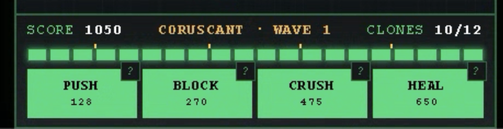 The Clone Defense HUD: the Force gauge above the PUSH, BLOCK, CRUSH and HEAL power buttons, each showing its current cost