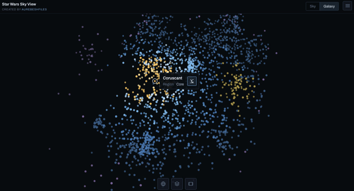 Skyview's 3D galaxy map, about 2,000 Star Wars worlds coloured by region