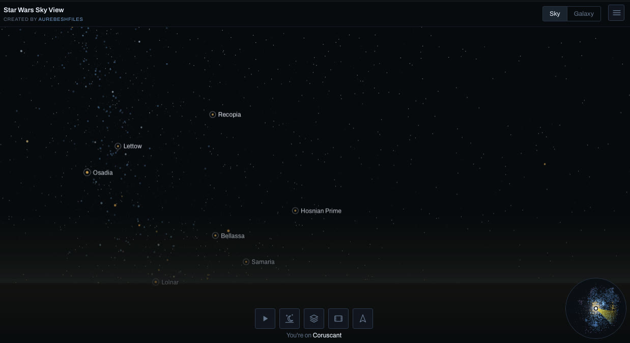 The night sky over a Star Wars world in Skyview, with the galaxy overhead